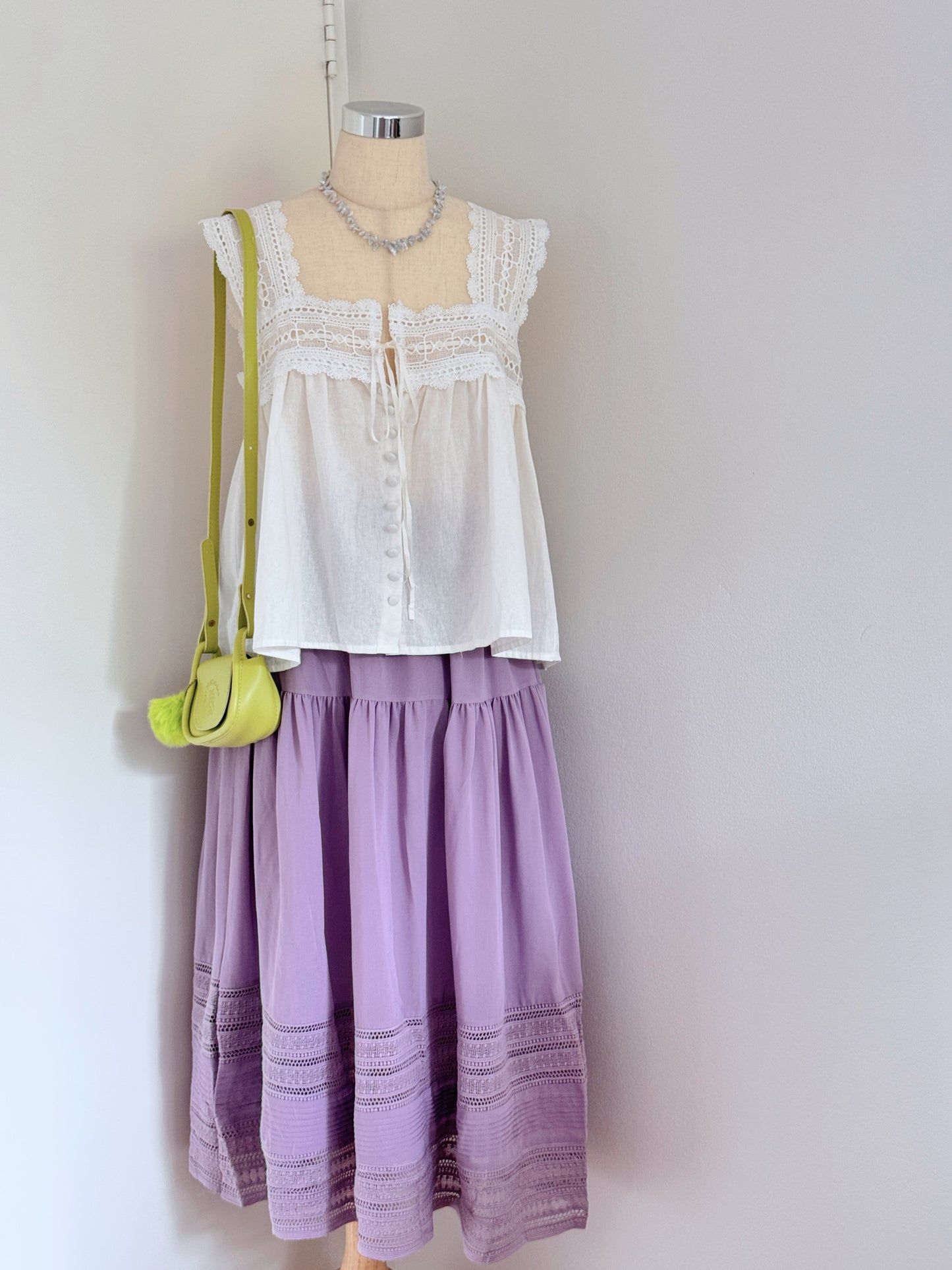 Cosy cottage core Lace panel elastic waist skirt