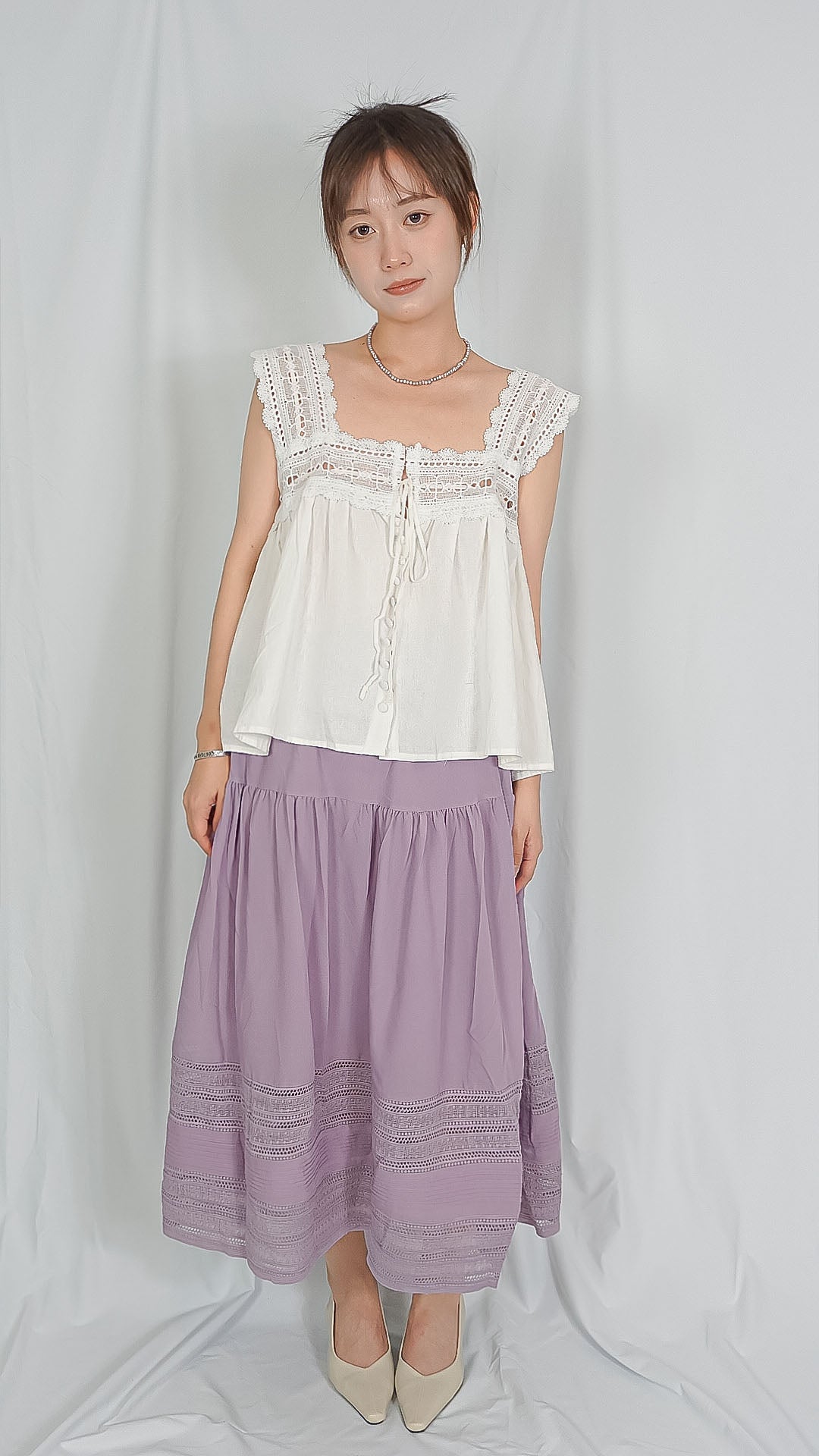 Cosy cottage core Lace panel elastic waist skirt