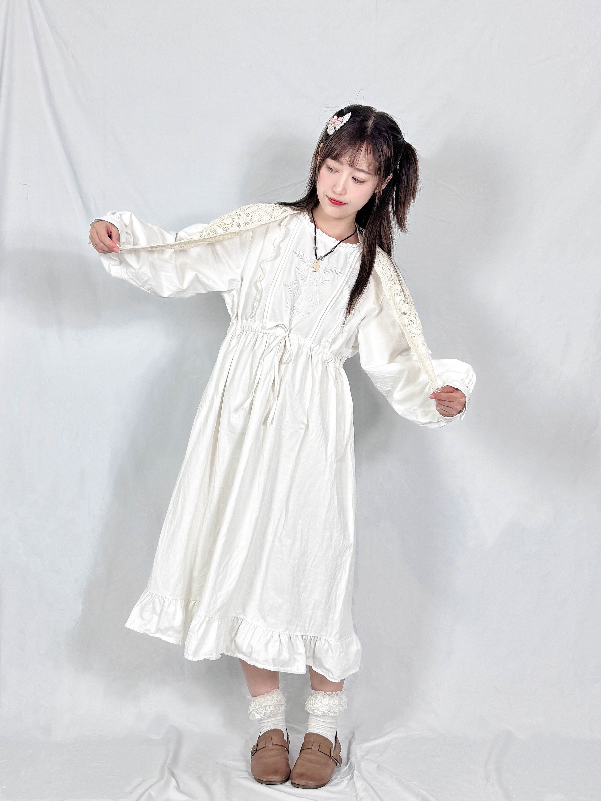 Vintage-Inspired Ruffle Midi Dress- White colour (lace crochet shawl i – morimary Vintage-Inspired Ruffle Midi Dress- White colour (lace crochet shawl i – morimary